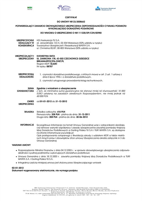 Certyfikat ubezpieczenia