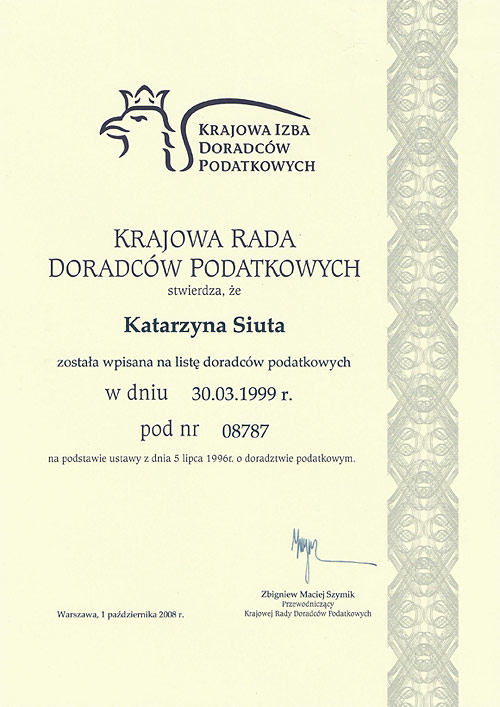 Certyfikat dotyczący wpisu na listę doradc&oacute;w podatkowych