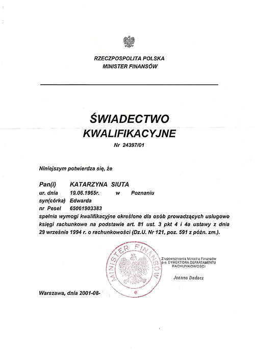 Certyfikat poświadczający uprawnienia do prowdzenia usług biura rachunkowego